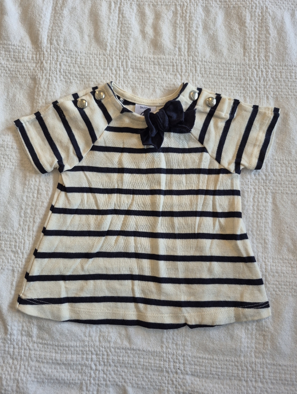 Petit Bateau girls size 3 months striped top white with blue stripe & bow EUC